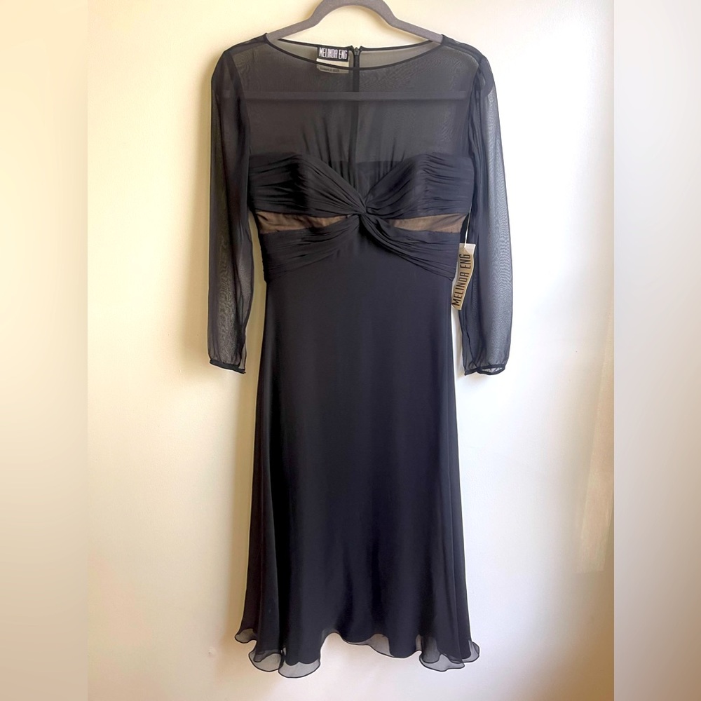 NWT Melinda Eng Black Midi Party Dress Sheer Silk Flutter Chiffon 4 Orig. $1320